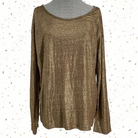 Ralph Lauren Denim Tops - NEW Ralph Lauren 100% Linen Long Sleeve Super Shiny Metallic Gold Top Size XL